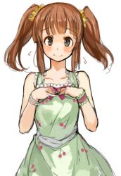 Rule 34 | 10s, 1girl, bare shoulders, blush, bracelet, brown hair, cherry print, collarbone, dress, food print, green dress, grey eyes, idolmaster, idolmaster cinderella girls, jewelry, long hair, looking at viewer, ogata chieri, print dress, sachito, simple background, smile, solo, twintails, upper body, white background, wristband