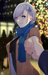 Rule 34 | 1girl, absurdres, black sweater, blanc (studio artblock), blue eyes, blue nails, blue scarf, blurry, blurry background, blush, bright pupils, brown jacket, christmas tree, highres, holding hands, hololive, hololive indonesia, jacket, jewelry, looking at viewer, nail polish, pavolia reine, pov, ribbed sweater, ring, scarf, short hair, snowing, solo focus, sweater, virtual youtuber, white pupils
