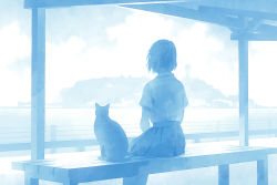 Rule 34 | 1girl, bad id, bad pixiv id, bench, blue theme, cat, cloud, from behind, island, monochrome, namito, ocean, original, pleated skirt, railing, school uniform, short hair, short sleeves, sitting, skirt, solo, water, white background, wind