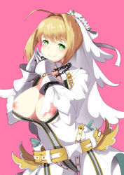 Rule 34 | 1girl, ahoge, belt, blonde hair, breasts, breasts out, chain, closed mouth, commentary request, fate/grand order, fate (series), flower, gloves, green eyes, hair intakes, hands up, heart, heart-shaped pupils, inverted nipples, johnny funamushi, large breasts, looking at viewer, nero claudius (bride) (fate), nero claudius (fate), nero claudius (fate) (all), nipples, no bra, own hands together, pink background, short hair, sidelocks, simple background, smile, solo, symbol-shaped pupils, veil, white gloves, zipper