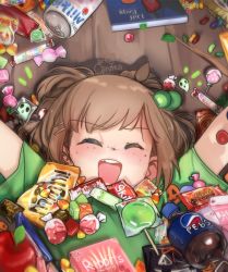 Rule 34 | apple, arms up, artist name, bottle, brand name imitation, brown hair, can, candy, candy corn, carton, child, closed eyes, food, freckles, fruit, girutea, green shirt, hair bobbles, hair ornament, hairclip, halloween, indie virtual youtuber, jelly bean, lily hopkins, lollipop, lying, mole, mole under eye, on back, on floor, open mouth, shirt, soda, t-shirt, teeth, virtual youtuber