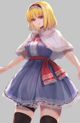 Rule 34 | 1girl, alice margatroid, ascot, black thighhighs, blonde hair, blue dress, breasts, capelet, dress, frilled ascot, frilled dress, frills, grey background, hairband, highres, large breasts, lolita hairband, looking at viewer, red ascot, red eyes, red hairband, red sash, sash, short hair, short sleeves, simple background, solo, sudako (dai011305), thigh strap, thighhighs, thighs, touhou