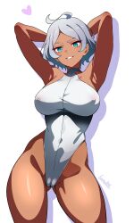 Rule 34 | 1girl, absurdres, armpits, arms behind head, bare arms, batta 16-sei, breasts, cameltoe, cleft of venus, curvy, dark-skinned female, dark skin, green eyes, grey hair, grin, gundam, gundam suisei no majo, heart, highleg, highleg leotard, highres, large breasts, leotard, looking at viewer, naughty face, secelia dote, seductive smile, shiny skin, short hair, simple background, smile, solo, standing, thighs, thong leotard, white background, white leotard, wide hips