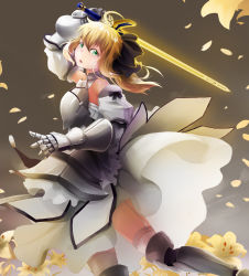 Rule 34 | ahoge, armor, armored dress, artoria pendragon (all), artoria pendragon (fate), bare shoulders, blonde hair, caliburn (fate), detached sleeves, fate/grand order, fate/stay night, fate/unlimited codes, fate (series), flower, from below, garter straps, green eyes, highres, lace, lace-trimmed legwear, lace trim, lily (flower), okamin, petals, ponytail, saber (fate), saber lily, solo, thighhighs, thighs, type-moon