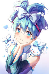 Rule 34 | 1girl, :3, :d, absurdres, aqua eyes, aqua hair, aqua nails, bare shoulders, bingyam, black sleeves, blue bow, blush, bow, cinnamiku, cinnamoroll, closed mouth, collared shirt, commentary, detached sleeves, ear bow, eyelashes, fingernails, gradient background, hair between eyes, hair bow, hair ornament, hands on own cheeks, hands on own face, hands up, hatsune miku, highres, long hair, long sleeves, looking at viewer, nail polish, open mouth, rabbit, sanrio, shirt, sidelocks, sleeveless, sleeveless shirt, smile, sparkle, star-shaped pupils, star (symbol), symbol-shaped pupils, tied ears, updo, upper body, vocaloid, white background, white shirt, wide sleeves, wing collar