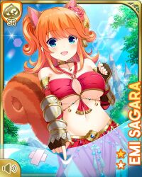 Rule 34 | 1girl, animal ears, armor, belly dancer, blob, blue eyes, bow, breasts, brown bow, card (medium), character name, cleavage, day, forest, girlfriend (kari), hair ornament, large breasts, looking at viewer, midriff, nature, navel, official art, open mouth, orange hair, outdoors, qp:flapper, sagara emi, smile, squirrel ears, squirrel tail, tagme, tail, tree, twintails