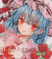 Rule 34 | 1girl, ascot, blue hair, brooch, flower, hat, hat ribbon, jewelry, maid headdress, mob cap, monji (monzi328), pink hat, red ascot, red eyes, remilia scarlet, ribbon, short hair, solo, touhou, traditional media, upper body, watermark