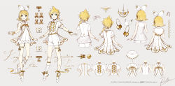 Rule 34 | 1boy, 1girl, arrow (symbol), blonde hair, blue eyes, brother and sister, collarbone, commentary request, copyright notice, dress, eyebrows hidden by hair, grey background, hair between eyes, hair ribbon, headphones, highres, kagamine len, kagamine rin, long hair, miku symphony (vocaloid), rella, ribbon, see-through, shirt, short shorts, short sleeves, shorts, siblings, signature, simple background, swept bangs, twins, vocaloid, white dress, white ribbon, white shirt, white shorts