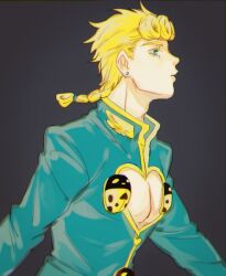 Rule 34 | 1boy, blonde hair, blue eyes, braid, cleavage cutout, clothing cutout, earrings, giorno giovanna, highres, jewelry, jojo no kimyou na bouken, ladybug ornament, male focus, pectoral cleavage, pectorals, solo, upper body, vento aureo, wing ornament, yanglao paopaoren