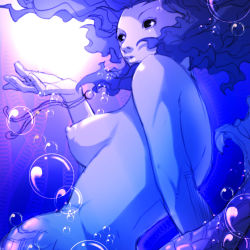 Rule 34 | 1girl, arm support, blue hair, breasts, brown eyes, bubble, cleavage, completely nude, falcoon, floating hair, from side, lips, long hair, looking to the side, mermaid, monster girl, nipples, nude, purple background, purple hair, purple theme, pursed lips, scales, solo, underwater, wavy hair