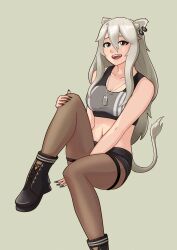 Rule 34 | 1girl, absurdres, animal ear fluff, animal ears, arhentol, arm between legs, black footwear, black nails, black shorts, boots, breasts, brown pantyhose, cleavage, collarbone, dog tags, earrings, grey eyes, grey hair, grey sports bra, hair between eyes, hand on own knee, highres, hololive, invisible chair, jewelry, lion ears, lion girl, lion tail, long hair, looking at viewer, medium breasts, midriff, nail polish, navel, open mouth, pantyhose, shishiro botan, shishiro botan (button-down), short shorts, shorts, sitting, smile, solo, sports bra, tail, very long hair, virtual youtuber