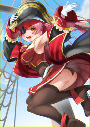 Rule 34 | 1girl, absurdres, ankle boots, armpits, ascot, ass, bad id, bad pixiv id, bicorne, black coat, black hat, black panties, black thighhighs, boots, breasts, coat, eyepatch, gloves, hat, highres, hololive, houshou marine, houshou marine (1st costume), jacket, large breasts, long hair, miniskirt, ootsuka you, open mouth, panties, pirate hat, pleated skirt, red ascot, red eyes, red hair, red jacket, red skirt, skirt, sleeveless, sleeveless jacket, smile, solo, thighhighs, twintails, underwear, virtual youtuber, white gloves