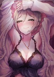 Rule 34 | 1girl, absurdres, armpits, arms up, bare shoulders, bed sheet, black eyes, blush, breasts, camisole, cardigan, cleavage, closed mouth, commentary request, grey hair, hair between eyes, half-closed eyes, highres, idolmaster, idolmaster cinderella girls, jewelry, large breasts, long sleeves, looking at viewer, lying, necklace, o-ring, o-ring top, off shoulder, on back, open cardigan, open clothes, pillow, purple camisole, shiomi syuko, short hair, sidelocks, sleeves past wrists, smile, solo, torishu (kumataka 4867), upper body, white cardigan