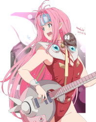 Rule 34 | 1girl, :d, artist name, electric guitar, green eyes, guitar, headband, highres, holding, holding instrument, instrument, kichihachi, leotard, long hair, looking to the side, macross, macross 7, mylene jenius, open mouth, pink hair, playing bass guitar, playing instrument, pointy ears, red leotard, smile, teeth, thighs, twitter username, upper teeth only