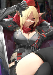 Rule 34 | 1girl, absurdres, arm up, black legwear, blonde hair, blurry, blurry background, breasts, bustier, cleavage, ear piercing, executive red hood arabelle, eyes visible through hair, grin, guardian tales, highres, large breasts, mechanical arms, medium hair, mk87, piercing, pointy ears, red eyes, red hood, sitting, smile, solo, thumbs down