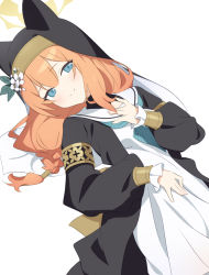 Rule 34 | 1girl, animal ear headwear, black headwear, blue archive, blue eyes, blush, breasts, closed mouth, dress, fake animal ears, flower, habit, halo, hat, hat flower, highres, long hair, long sleeves, lying, mari (blue archive), neckerchief, nun, on back, orange hair, sailor collar, simple background, small breasts, smile, solo, supershiruco, white background, white flower, white sailor collar