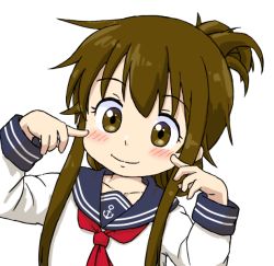 Rule 34 | 1girl, anchor symbol, blue sailor collar, brown eyes, brown hair, commentary request, folded ponytail, inazuma (kancolle), kantai collection, long hair, neckerchief, pointing, pointing at self, red neckerchief, sailor collar, school uniform, serafuku, simple background, smile, solo, white background, zatsu (zasshu neko)