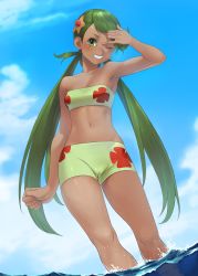 Rule 34 | 1girl, absurdres, blush, breasts, cleavage, cloud, creatures (company), dark-skinned female, dark skin, day, game freak, green eyes, green hair, hair ornament, highres, long hair, looking at viewer, mallow (pokemon), nintendo, open mouth, pokemon, pokemon sm, solo, turiganesou800, twintails, water