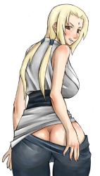 Rule 34 | 1girl, :p, ass, back, blonde hair, blush, brown eyes, butt crack, clothes pull, enoshima iki, looking back, naruto, naruto (series), pants, pants pull, smirk, solo, tongue, tongue out, tsunade (naruto), twintails