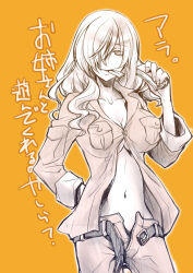 Rule 34 | 1girl, belt, breast pocket, breasts, buttons, cleavage, commentary request, cowboy shot, hair over one eye, hand up, hinato, holding, large breasts, light smile, long bangs, long hair, long sleeves, looking at viewer, monochrome, navel, open belt, open clothes, open fly, open pants, orange background, orange theme, oriana thomason, pants, pocket, simple background, solo, stomach, talisman, toaru majutsu no index, toaru majutsu no index: old testament, translation request, wavy hair