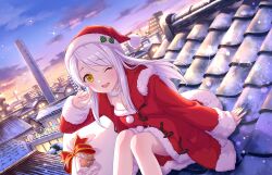Rule 34 | 1girl, bag, building, christmas, cityscape, cloud, eve santaclaus, game cg, hat, idolmaster, idolmaster cinderella girls, idolmaster cinderella girls starlight stage, looking at viewer, official art, one eye closed, open mouth, outdoors, rooftop, santa costume, santa hat, sitting, sky, solo, white hair, window, yellow eyes