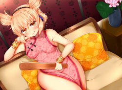 Rule 34 | 1girl, bare shoulders, blonde hair, blush, breasts, china dress, chinese clothes, daichi (tokoya), dress, earmuffs, female focus, highres, crossed legs, lips, looking at viewer, medium breasts, pelvic curtain, pink dress, pointy hair, ritual baton, sitting, sleeveless, sleeveless dress, smile, solo, thick thighs, thighs, touhou, toyosatomimi no miko, wide hips, yellow eyes