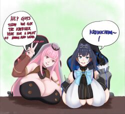 Rule 34 | 2girls, absurdres, blue eyes, blue hair, breasts, chair, cleavage, english text, gaming chair, highres, hololive, hololive english, huge breasts, mori calliope, multiple girls, ouro kronii, pink hair, red eyes, ribbon, sunnysundown, swivel chair, v, victory sign, virtual youtuber, voloptuous