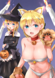 Rule 34 | 28aarts, 2girls, absurdres, animal ears, animal hands, bandeau, bikini, black dress, blonde hair, blue eyes, blush, bow, breasts, candle, cat ears, cat tail, cleavage, collar, crossed arms, demon girl, dress, fish hair ornament, hair bow, hair ornament, halloween, hat, highres, large breasts, long hair, looking at another, looking at viewer, multiple girls, open mouth, swimsuit, tail, witch, witch hat
