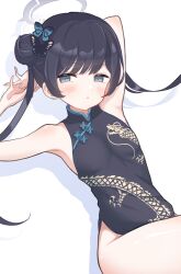 Rule 34 | 1girl, armpits, arms behind head, arms up, bare arms, bare shoulders, black dress, black hair, blue archive, breasts, butterfly hair ornament, china dress, chinese clothes, commentary request, dragon print, dress, grey eyes, grey halo, hair bun, hair ornament, halo, highres, kisaki (blue archive), light blush, long hair, lying, mochigome 19, on back, print dress, side slit, simple background, single side bun, sleeveless, sleeveless dress, small breasts, solo, twintails, white background