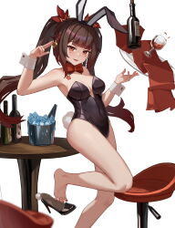 Rule 34 | 1girl, absurdres, alcohol, barefoot, black hair, bottle, cup, drinking glass, feet, highres, honkai: star rail, honkai (series), ice, ice cube, leotard, light blush, long hair, looking at viewer, parted lips, playboy bunny, red eyes, rongqing, shoes, sparkle (honkai: star rail), toes, tray, twintails, unworn shoes, wine, wine bottle, wine glass