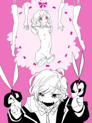 Rule 34 | 10s, 1boy, 1girl, amputee, bags under eyes, breasts, clothed male nude female, crying, diabolik lovers, fangs, flat chest, guro, hanging, highres, komori yui, legs, lineart, monochrome, navel, nipples, nude, open mouth, pink eyes, quadruple amputee, sakamaki kanato, school uniform, scissors, small breasts, smile, tears, uniform