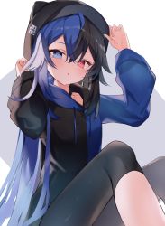 Rule 34 | 1girl, absurdres, black hair, black hat, black hoodie, black jacket, blue eyes, blue hair, blue hoodie, blue jacket, commission, hands on headwear, hat, highres, hood, hooded jacket, hoodie, jacket, lion2610, long hair, looking at viewer, multicolored clothes, multicolored hair, pantyhose, red eyes, simple background, skeb commission, solo, vrchat