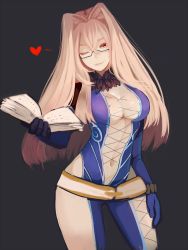 Rule 34 | 1girl, bad id, bad pixiv id, bodysuit, book, breasts, center opening, cleavage, contrapposto, cross-laced clothes, elbow gloves, fur trim, glasses, gloves, grey background, heart, highres, holding, holding book, long hair, looking at viewer, navel, one eye closed, open book, pink hair, presa (tales), red eyes, settyaro, smile, solo, standing, tales of (series), tales of xillia, wink