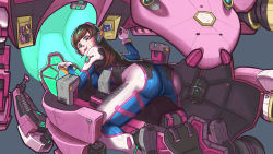 Rule 34 | 1girl, acronym, animal print, ass, back, blue bodysuit, bodysuit, bracer, breasts, brown eyes, brown hair, candy, clothes writing, cockpit, commentary request, d.va (overwatch), facepaint, facial mark, food, from behind, full body, gloves, gun, headphones, high collar, highres, lollipop, long hair, looking at viewer, looking back, mecha, medium breasts, meka (overwatch), mouth hold, overwatch, overwatch 1, perspective, pilot, pilot suit, ribbed bodysuit, robot, shou madao, shoulder pads, skin tight, solo, swept bangs, thigh strap, weapon, whisker markings, white gloves