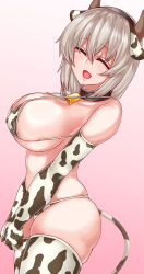 Rule 34 | 1girl, absurdres, animal ears, animal print, bikini, blush, breasts, closed eyes, collarbone, covered erect nipples, cow ears, cow horns, cow print, cow print bikini, cow print gloves, cow print thighhighs, cow tail, gloves, grey hair, highres, horns, huge breasts, long hair, mature female, neck bell, open mouth, print bikini, print gloves, print thighhighs, sideboob, simple background, smile, solo, swimsuit, tail, thighhighs, thighs, uzaki-chan wa asobitai!, uzaki tsuki