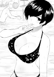 Rule 34 | 1boy, 1girl, absurdres, ball, bare shoulders, beachball, bikini, black hair, breasts, cleavage, collarbone, cowboy shot, earrings, faceless, faceless male, floral print, greyscale, highres, jewelry, large breasts, looking at another, looking at viewer, midriff, monochrome, navel, norman maggot, olive laurentia, original, partially submerged, pixie cut, pool, short hair, stud earrings, swept bangs, swimsuit, tongue, tongue out, v, v over mouth, wading