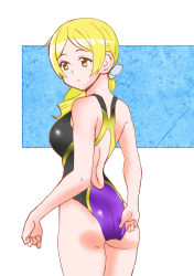 Rule 34 | 10s, 1girl, absurdres, adjusting clothes, adjusting swimsuit, ass, blonde hair, competition swimsuit, drill hair, highres, kbt-type, long hair, mahou shoujo madoka magica, mahou shoujo madoka magica (anime), one-piece swimsuit, shaft (company), solo, swimsuit, tomoe mami, twin drills, twintails, wedgie, yellow eyes