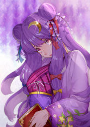 Rule 34 | 1girl, absurdres, bad id, bad pixiv id, blue bow, blue ribbon, book, bow, closed mouth, crescent, crescent hair ornament, double bun, floral print, hair bow, hair ornament, hair ribbon, haori, head tilt, highres, holding, holding book, japanese clothes, kimono, lips, lipstick, long hair, looking at viewer, makeup, obi, obiage, obijime, official alternate costume, patchouli knowledge, purple background, purple eyes, purple hair, purple kimono, red bow, red ribbon, ribbon, sash, sidelocks, solo, touhou, touhou lostword, uchisaki himari, upper body, v-shaped eyebrows
