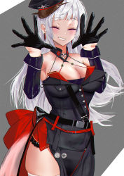 Rule 34 | 1girl, azur lane, belt, black belt, black dress, black gloves, black hat, blush, breasts, cleavage, closed eyes, cowboy shot, detached collar, dress, earrings, echo (lowlow808), gloves, grey background, half gloves, hat, highres, jewelry, large breasts, long hair, open mouth, parted lips, peaked cap, plunging neckline, revision, simple background, skindentation, smile, solo, thighhighs, white hair, white thighhighs, yorck (azur lane)