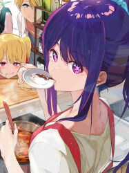 Rule 34 | 2boys, 2girls, alternate hairstyle, alternate universe, apron, blonde hair, blue eyes, blue shirt, blush, brother and sister, closed mouth, collarbone, commentary, cooking, drooling, family, food, funi mu9, hair between eyes, highres, holding, hoshino ai (oshi no ko), hoshino aquamarine, hoshino ruby, long hair, looking at viewer, mismatched pupils, mother and daughter, mother and son, multiple boys, multiple girls, no pupils, one side up, oshi no ko, pink eyes, plate, ponytail, purple eyes, purple hair, red apron, shirt, short hair, siblings, sidelocks, smile, sparkle, star-shaped pupils, star (symbol), symbol-shaped pupils, tasting, tasting plate, time paradox, twins, upper body, white shirt