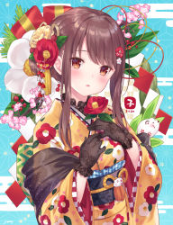 Rule 34 | 1girl, black gloves, blush, brown eyes, brown hair, commentary request, floral print, flower, gloves, hair bun, hair flower, hair ornament, happy new year, highres, holding, holding flower, japanese clothes, jimmy madomagi, kimono, long hair, looking at viewer, new year, obi, open mouth, original, sash, single hair bun, solo, swept bangs, wide sleeves