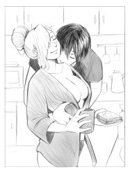 Rule 34 | 1boy, 1girl, absurdres, bathrobe, blush, boruto: naruto next generations, breasts, cleavage, couple, hair bun, hair over one eye, hand on another&#039;s side, highres, husband and wife, indoors, kiss, kissing shoulder, large breasts, monday mint, monochrome, morning, naruto, naruto: the last, naruto (series), naruto shippuuden, nightie, open clothes, sai, smile, underwear, yamanaka ino