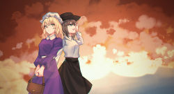Rule 34 | 2girls, arm up, back-to-back, bag, black headwear, black skirt, blonde hair, brown eyes, brown hair, commentary, cowboy shot, dress, expressionless, gradient sky, hand in own hair, handbag, hat, highres, holding, holding bag, juliet sleeves, lens flare, long sleeves, looking at viewer, looking to the side, looking up, maribel hearn, medium hair, mob cap, multiple girls, parted lips, puffy sleeves, purple dress, red clouds, shirt, short hair, shuiwuyue lian, skirt, sky, standing, sunset, touhou, twilight, usami renko, v arms, white headwear, white shirt, yellow eyes