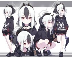 Rule 34 | black choker, black footwear, black hair, black hood, black hoodie, black horns, black shirt, blue archive, blue bag, bright pupils, choker, closed mouth, commentary request, demon horns, double-parted bangs, earclip, full body, grey halo, gun, h&amp;k p30, hair between eyes, halo, handgun, hands in pockets, highres, hood, hoodie, horns, kayoko (blue archive), long hair, long sleeves, looking at viewer, low wings, miniskirt, mole, mole on neck, multicolored hair, pleated skirt, ponytail, red eyes, red skirt, shirt, sidelocks, single wing, skirt, squatting, standing, standing on one leg, t-bth, two-tone hair, upper body, weapon, white hair, white pupils, wings