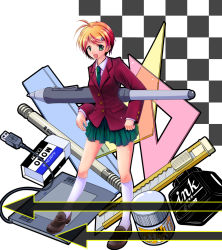 Rule 34 | 1girl, absurdres, blazer, boxcutter, checkered background, drawing tablet, eraser, green eyes, highres, jacket, legs, mechanical pencil, naito, open mouth, orange hair, original, pencil, ruler, school uniform, shoes, short hair, skirt, solo, stylus, tombow mono, usb