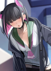 Rule 34 | 1girl, absurdres, animal ears, ascot, black hair, black jacket, black pantyhose, blue archive, blurry, blurry background, breasts, cat ears, cleavage, clothes pull, collarbone, colored inner hair, cowboy shot, extra ears, hair ornament, hairclip, highres, indoors, jacket, kazusa (blue archive), long sleeves, looking at viewer, medium breasts, miniskirt, multicolored hair, open clothes, open jacket, open mouth, pantyhose, pantyhose pull, partner (kprtnr), pendant choker, pink ascot, pussy juice, red eyes, sailor collar, shirt, skirt, solo, standing, streaked hair, sweat, white shirt, white skirt