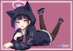 Rule 34 | 1girl, :d, akarichan (1286817552), animal ears, animal hood, arm support, black footwear, black hair, black pantyhose, blue archive, blunt bangs, candy, cat ears, cat girl, cat hood, choker, collarbone, colored inner hair, commentary request, copyright name, extra ears, food, highres, holding, holding candy, holding food, holding lollipop, hood, hooded jacket, jacket, kazusa (blue archive), legs up, licking, lollipop, long sleeves, looking at viewer, lying, multicolored hair, on back, open mouth, pantyhose, pleated skirt, purple hair, red eyes, school uniform, serafuku, shoes, short hair, sidelocks, simple background, skirt, smile, solo, two-tone hair