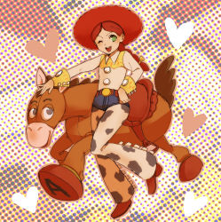 Rule 34 | 1girl, animification, braid, bullseye, bullseye (toy story), cowboy hat, cowboy western, cowgirl (western), halftone, halftone background, hat, jessie (toy story), jessie the yodeling cowgirl, long hair, maron (8059love), one eye closed, open mouth, red hair, toy story, wink