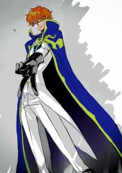 Rule 34 | 1boy, ?, amatu trabajo, black gloves, blue cape, cape, code geass, foreshortening, from below, gloves, green eyes, highres, knights of the round uniform, kururugi suzaku, looking at viewer, male focus, orange hair, pants, solo, standing, v, white pants