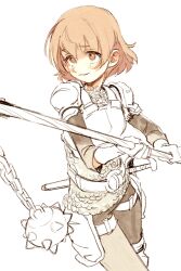 Rule 34 | 1girl, alternate costume, armor, ball and chain (weapon), belt, blush, breastplate, brown eyes, brown hair, brown pants, brown sleeves, chainmail, closed mouth, faulds, feet out of frame, flail, furrowed brow, gloves, highres, holding flail, idolmaster, idolmaster cinderella girls, imay3927, kita hinako, long sleeves, looking up, pants, partially colored, pauldrons, pinky out, raised eyebrows, sheath, sheathed, short hair, shoulder armor, simple background, smirk, smug, solo, spiked ball and chain, sword, upturned eyes, weapon, white background, white gloves